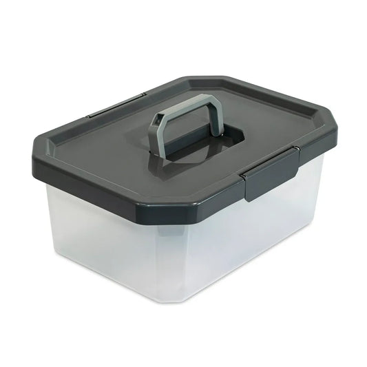 Caja Organizadora Estrabox con Manija 11L Natural-Gris. Caja organizadora de 11L con broches y tapa con manija logran...